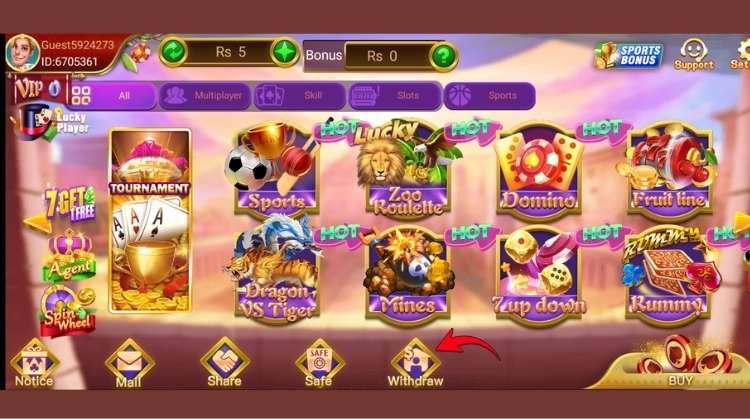Teen Patti Lucky app wallet screen showing withdraw option