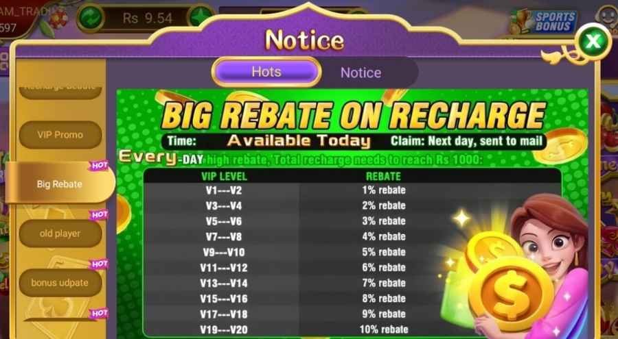 3 Patti Lucky 1st to 7th Rebate Offer
