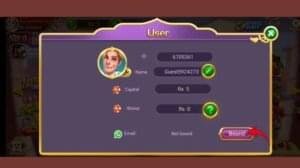 Teen Patti Lucky profile settings showing bind button with email option to create permanent account