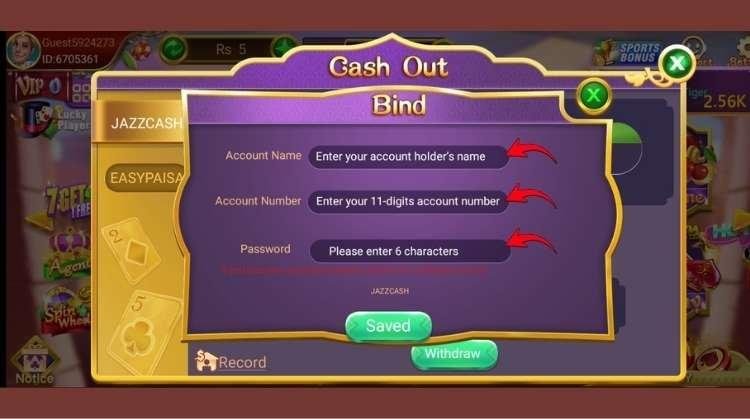 Teen Patti Lucky withdrawal form showing JazzCash or Easypaisa account number and account holder name fields