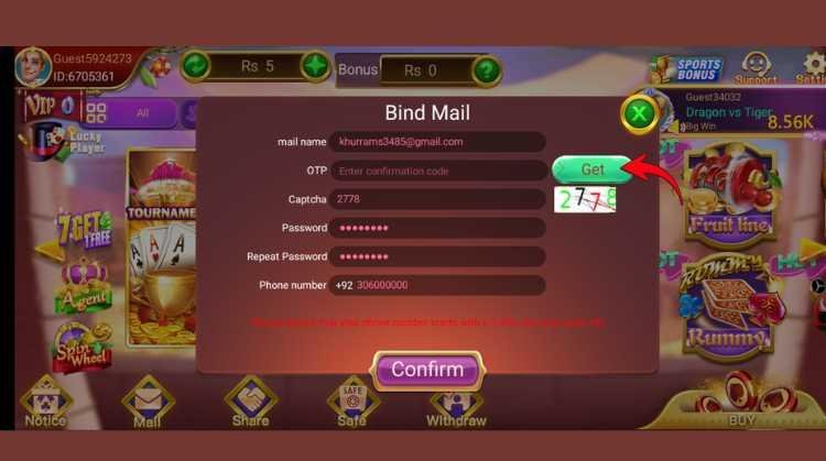 Teen Patti Lucky email signup form showing email field captcha code and password creation screen